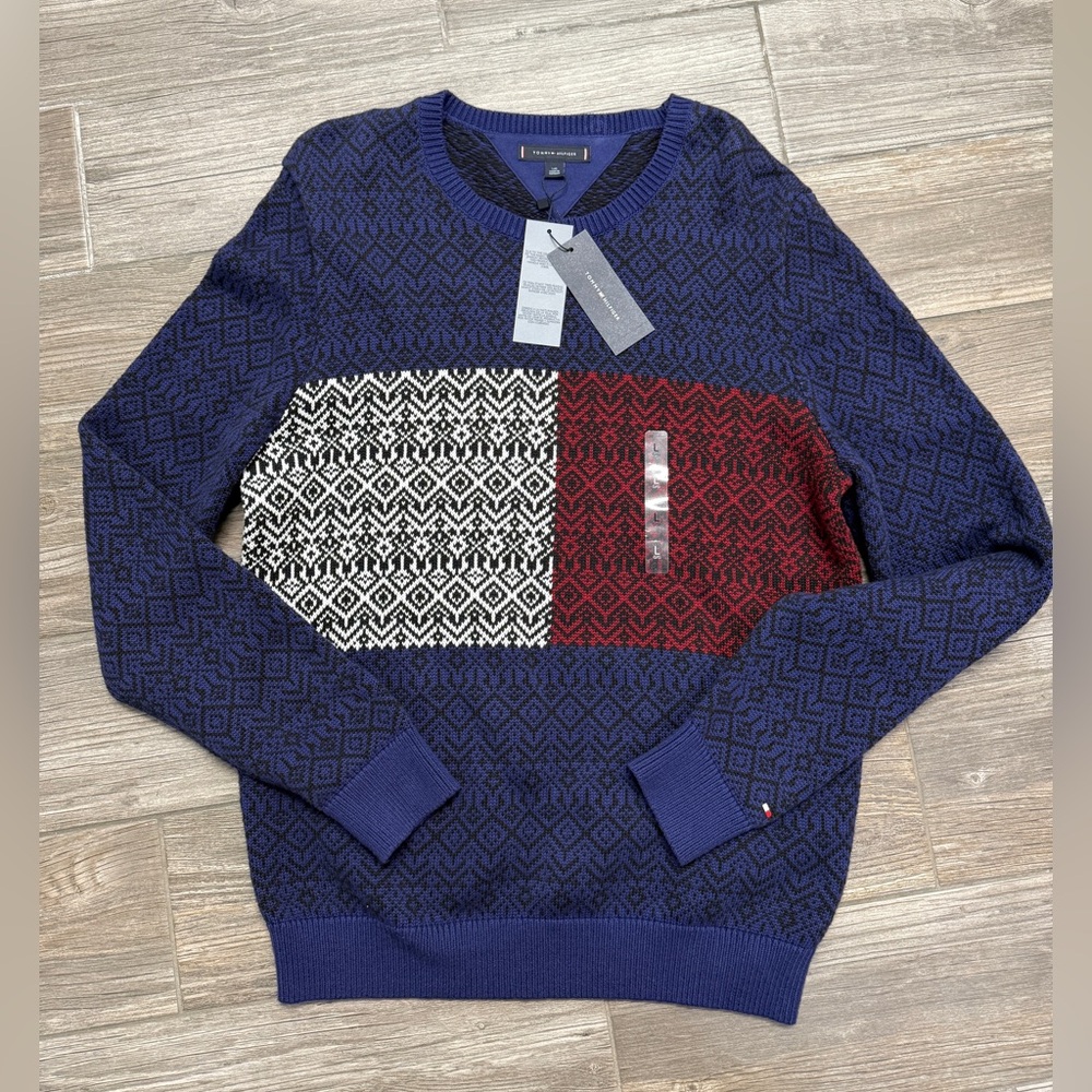 Tommy Hilfiger Navy and Burgundy Crewneck Knit Sweater